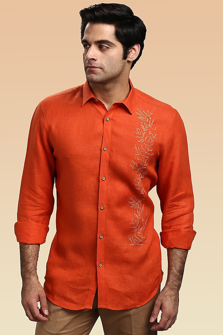 Orange Pure Irish Linen Hand Embroidered Shirt by ASUKA