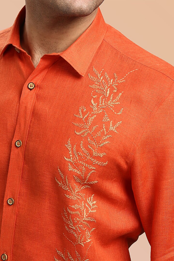 Orange Pure Irish Linen Hand Embroidered Party Wear Shirt by ASUKA at Pernia's Pop Up Shop