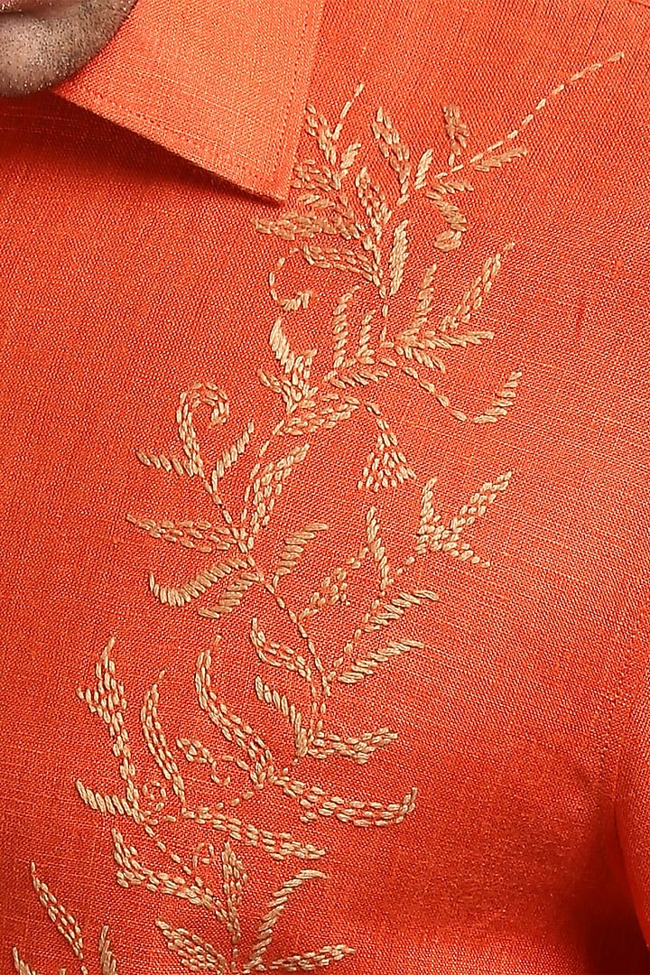 Orange Pure Irish Linen Hand Embroidered Party Wear Shirt by ASUKA at Pernia's Pop Up Shop