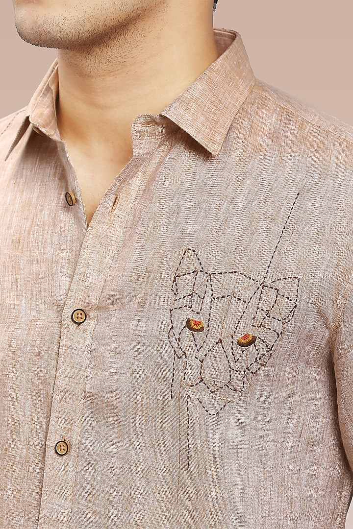 Light Brown Pure Irish Linen Hand Embroidered Party Wear Shirt by ASUKA at Pernia's Pop Up Shop