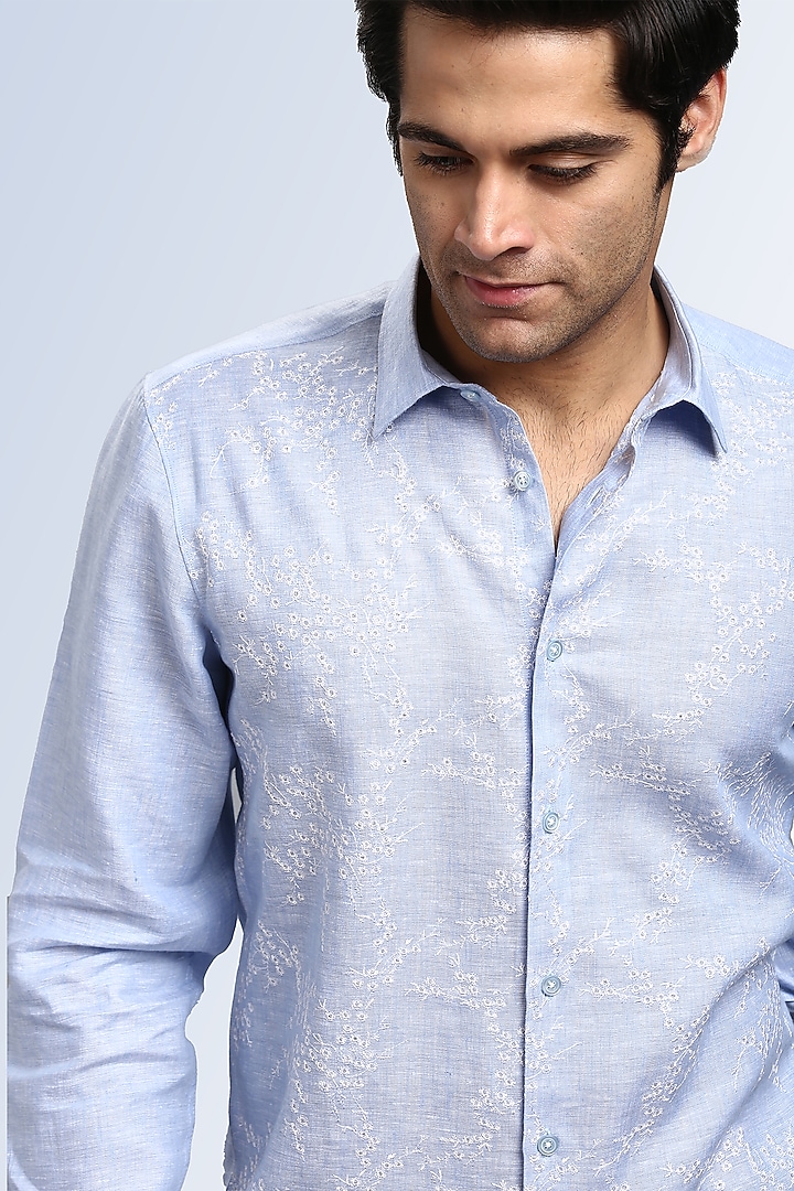 Pale Blue Pure Irish Linen Hand Embroidered Party Wear Shirt by ASUKA at Pernia's Pop Up Shop