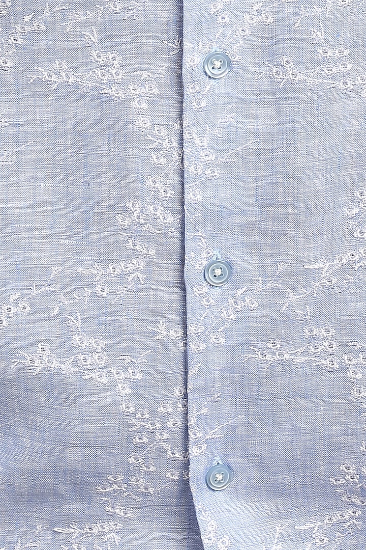 Pale Blue Pure Irish Linen Hand Embroidered Party Wear Shirt by ASUKA at Pernia's Pop Up Shop