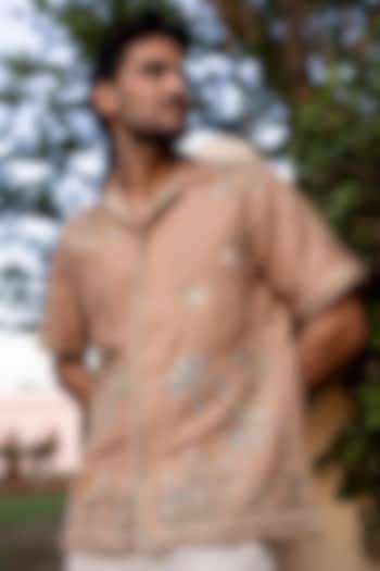 Light Brown Jacquard Pure Linen Machine Embroidered Shirt by ASUKA
