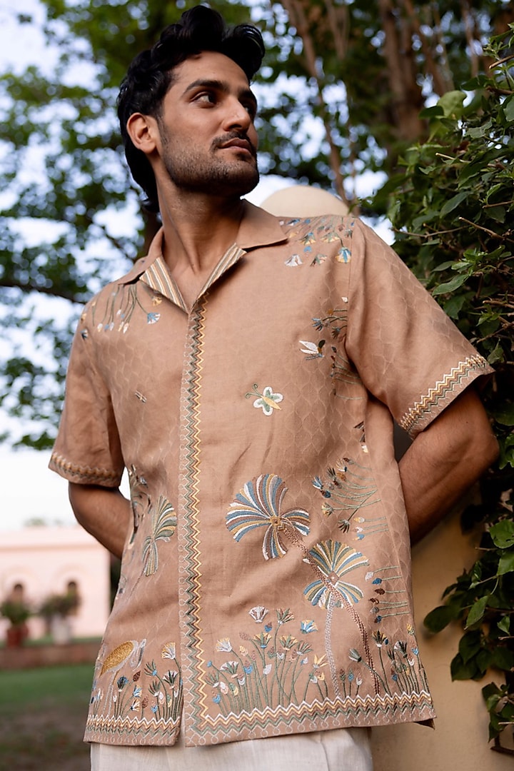 Light Brown Jacquard Pure Linen Machine Embroidered Shirt by ASUKA