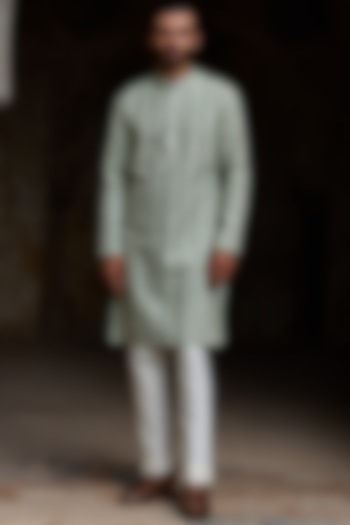 Mint Sage Green Cotton Jacquard Hand Embroidered Kurta Set by ASUKA at Pernia's Pop Up Shop