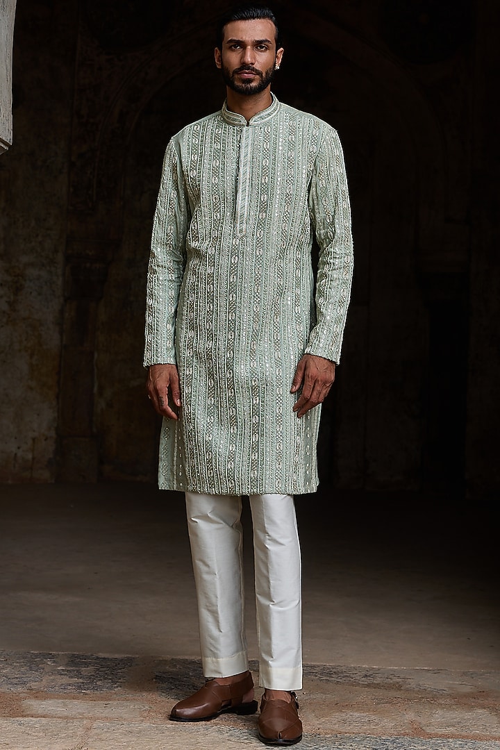 Mint Sage Green Cotton Jacquard Hand Embroidered Kurta Set by ASUKA at Pernia's Pop Up Shop