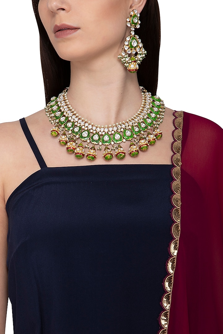 Gold Plated Red & Green Meenakari Necklace Set by Auraa Trends