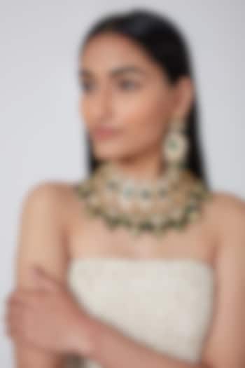 Gold Plated Kundan & Green Stones Necklace Set by Auraa Trends at Pernia's Pop Up Shop