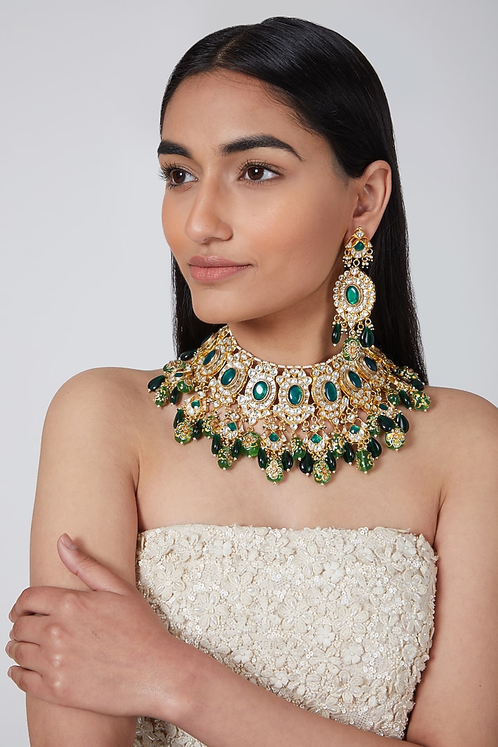 Gold Plated Kundan & Green Stones Necklace Set by Auraa Trends at Pernia's Pop Up Shop