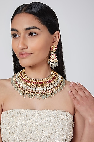 Gold Plated Sea Green Stones Kundan Necklace Set by Aura Trends