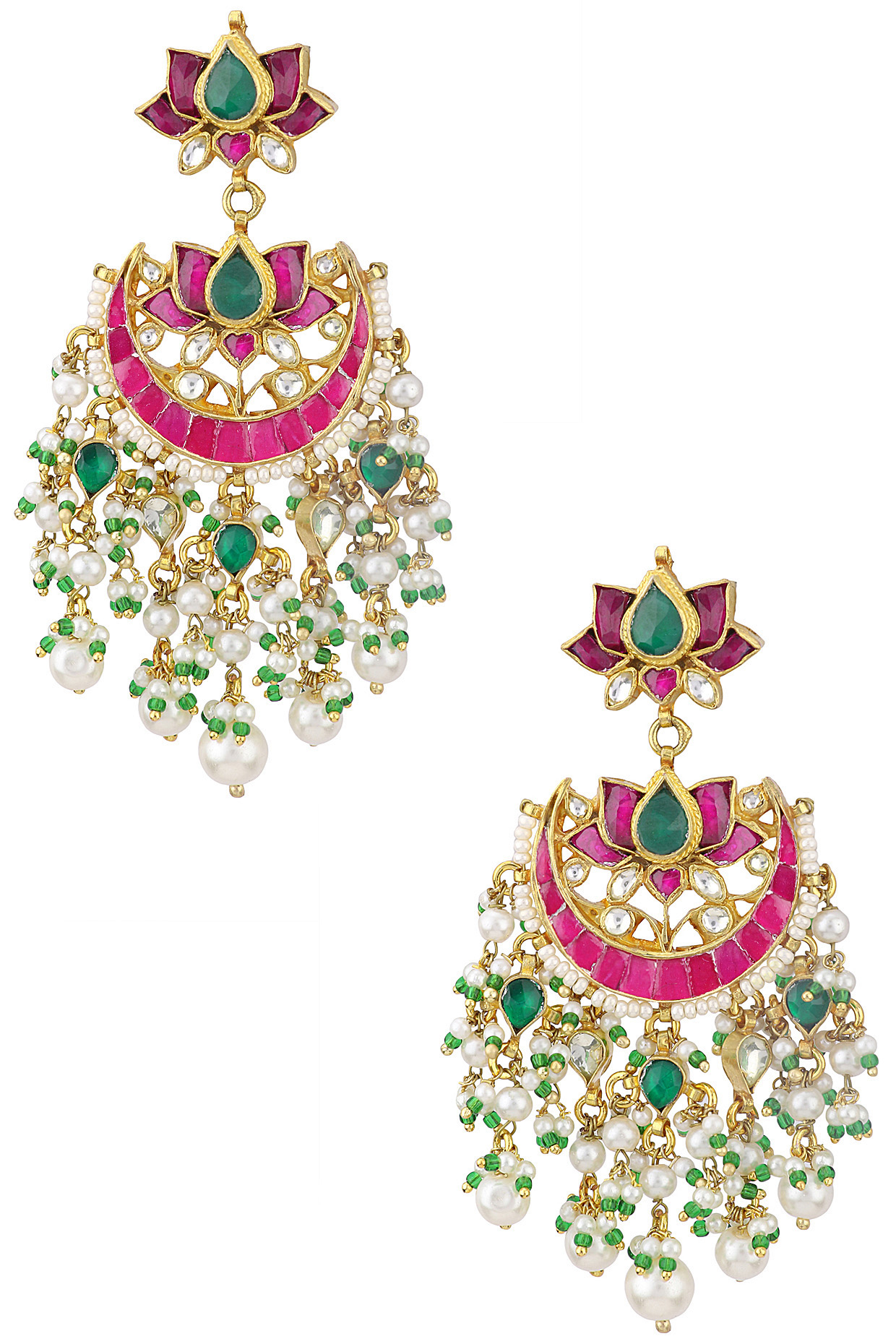 Gold Plated Kundan and Multi Stone Chandbali Earrings by Auraa Trends