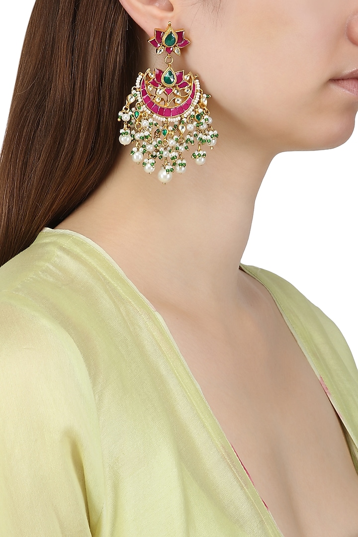 Gold Plated Kundan and Multi Stone Chandbali Earrings by Auraa Trends