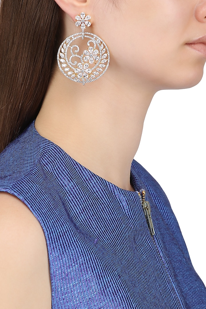 Gold Plated Flower Motifs and American Diamonds Earrings by Auraa Trends