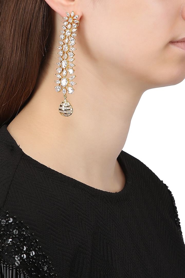 Gold Plated American Diamonds and Textured Drop Earrings by Auraa Trends