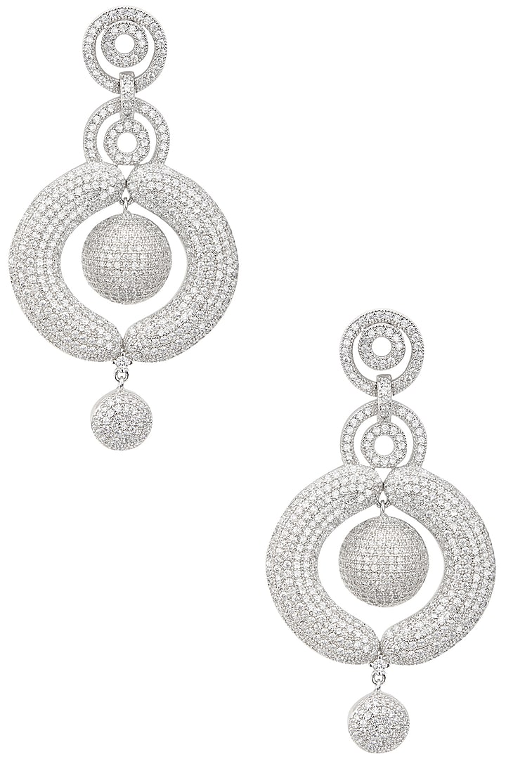 Rhodium finish american diamonds round drop earrings available only at Pernia's Pop Up Shop.