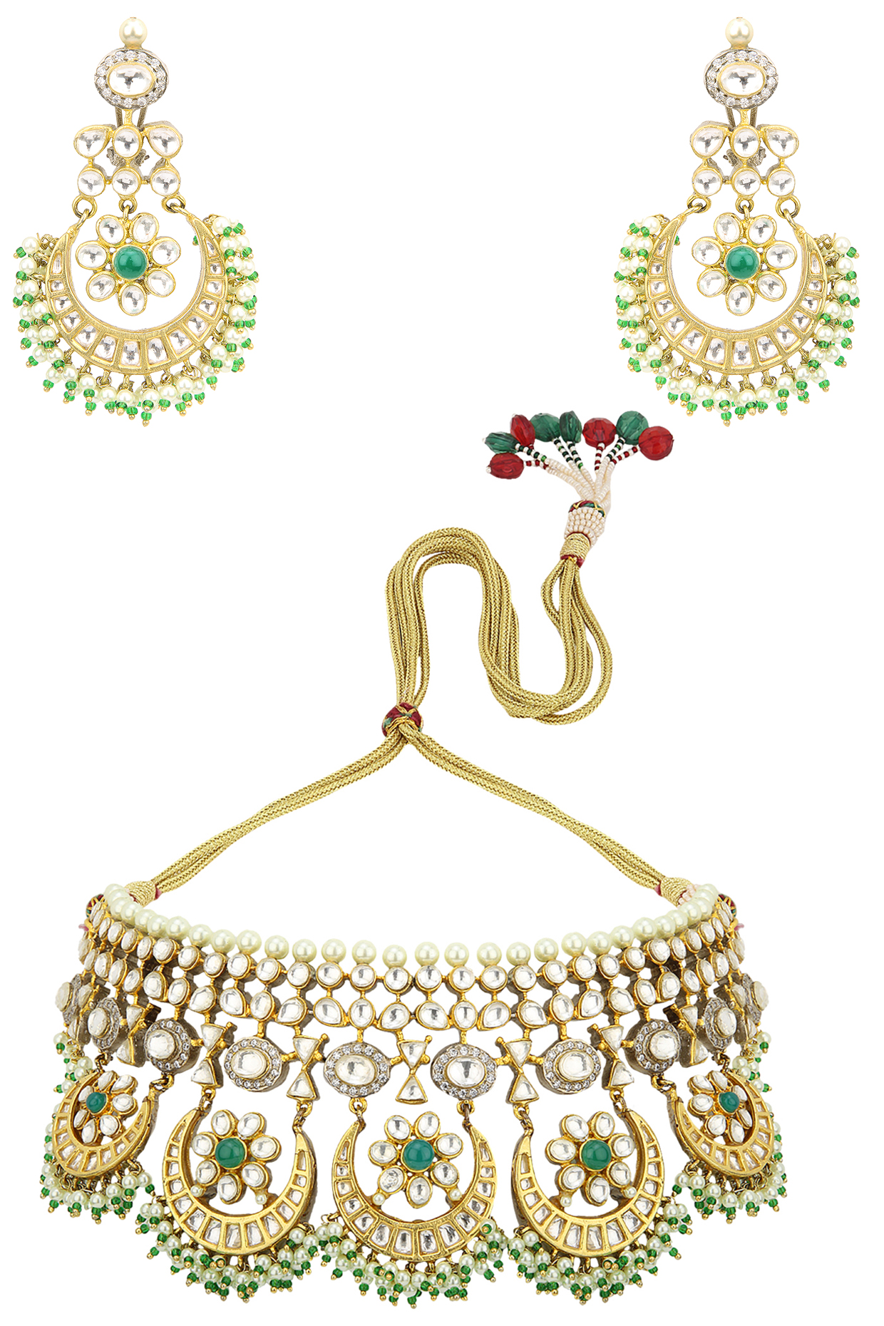 Gold Plated Kundan and Pearls Crescent Shaped Necklace Set by Auraa Trends