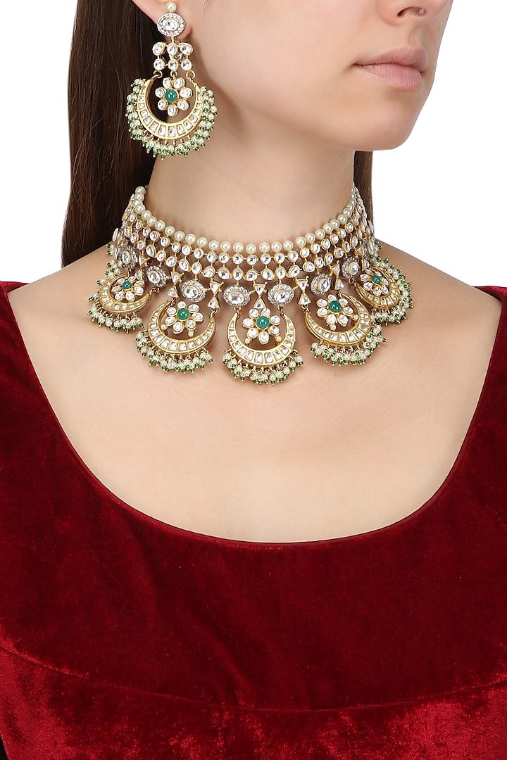 Gold Plated Kundan and Pearls Crescent Shaped Necklace Set by Auraa Trends