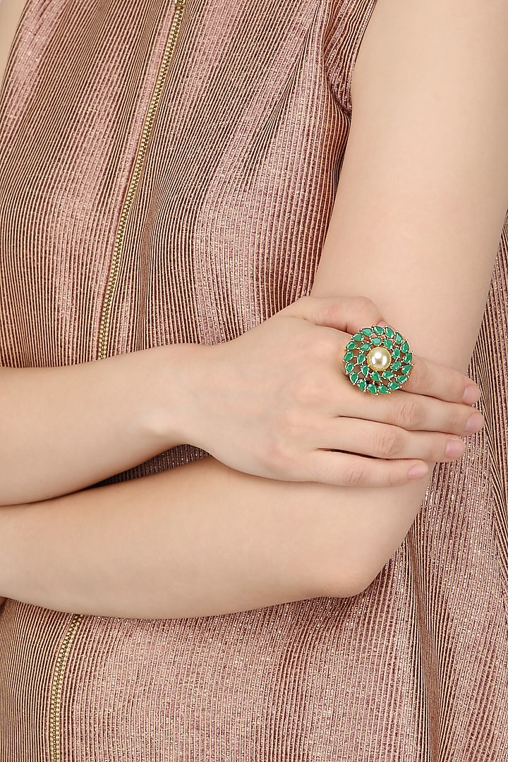 Gold Plated Green Stones and Pearl Ring by Auraa Trends