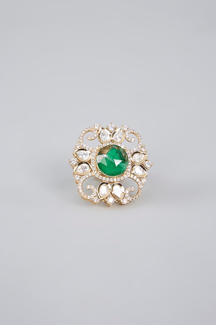 Gold Finish Kundan Polki & Emerald Green Stone Ring by Aura Trends at Pernia's Pop Up Shop