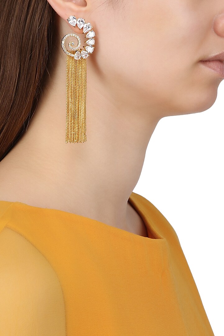 Gold Plated American Diamond and Chain Tassel Earrings by Auraa Trends