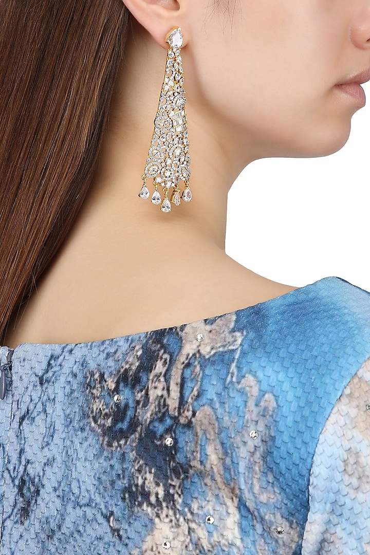 Gold Plated Conical Shaped American Diamond Drop Earrings by Auraa Trends