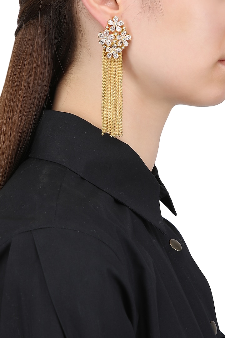 Gold Plated Floral American Diamond and Chain Tassel Earrings by Auraa Trends