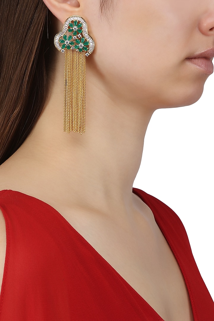 Gold Plated American Diamond, Green Stones and Chain Tassel Earrings by Auraa Trends