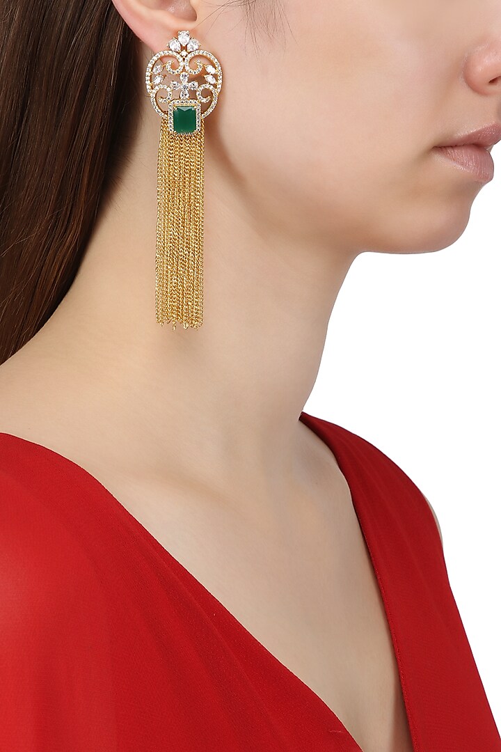 Gold Plated American Diamond, Green Semi Precious Stone and Chain Tassel Earrings by Auraa Trends