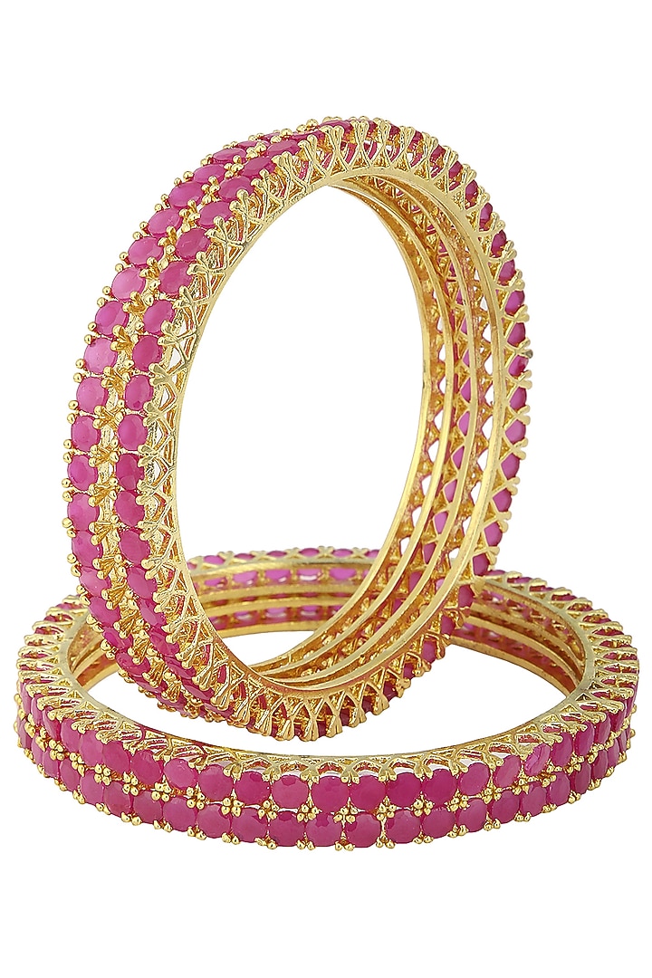 Set of 2 Gold Plated fuschia pink American Diamond bangles available only at Pernia's Pop Up Shop.