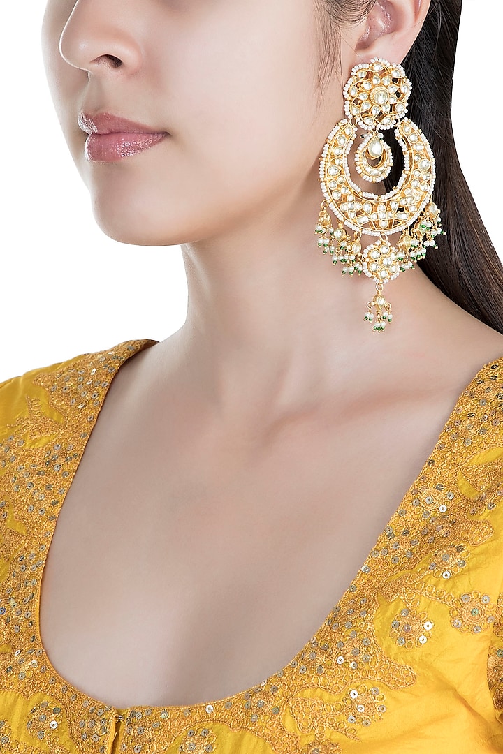 Gold Finish Kundan & Pearl Chandbali Earrings by Auraa Trends
