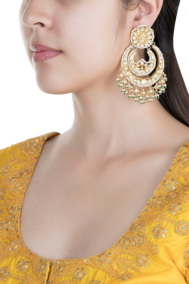 Gold Finish Kundan Pearl Chandbali Earrings by Auraa Trends