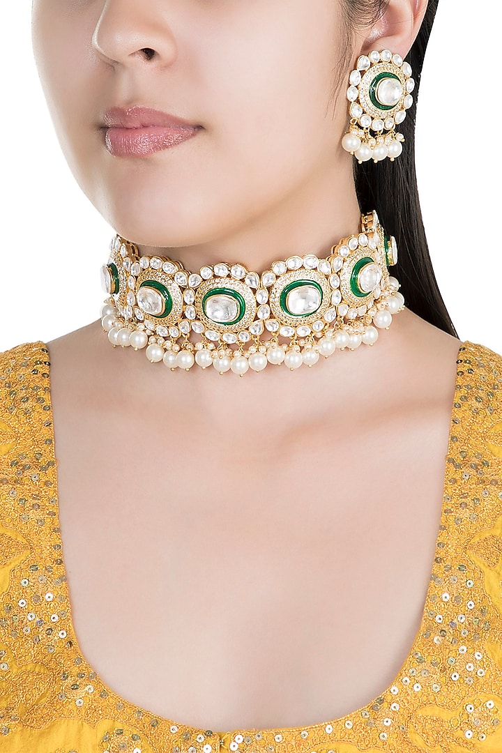 Gold Finish Green Meenakari Necklace Set by Auraa Trends