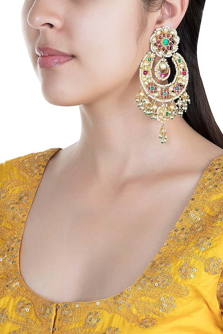 Gold Finish Green & Red Meenakari Chandbali Earrings by Auraa Trends