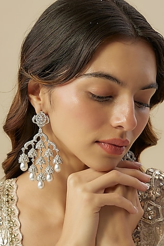 Silver Finish Diamond & Pearl Chandelier Earrings by Aura Trends
