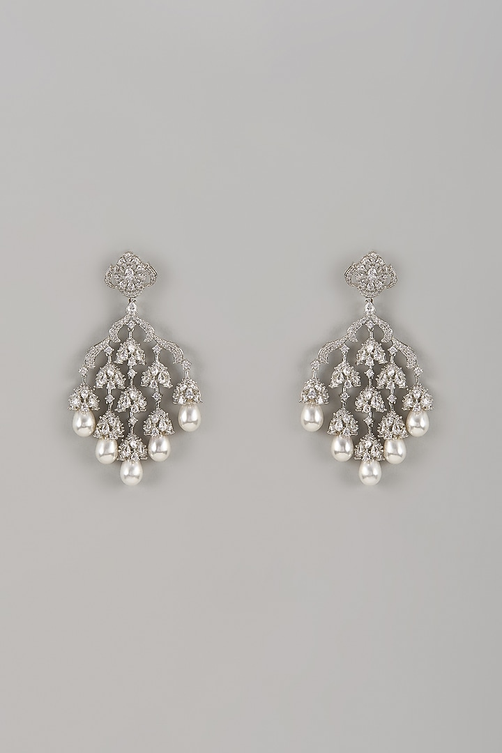 Silver Finish Diamond & Pearl Chandelier Earrings by Aura Trends at Pernia's Pop Up Shop