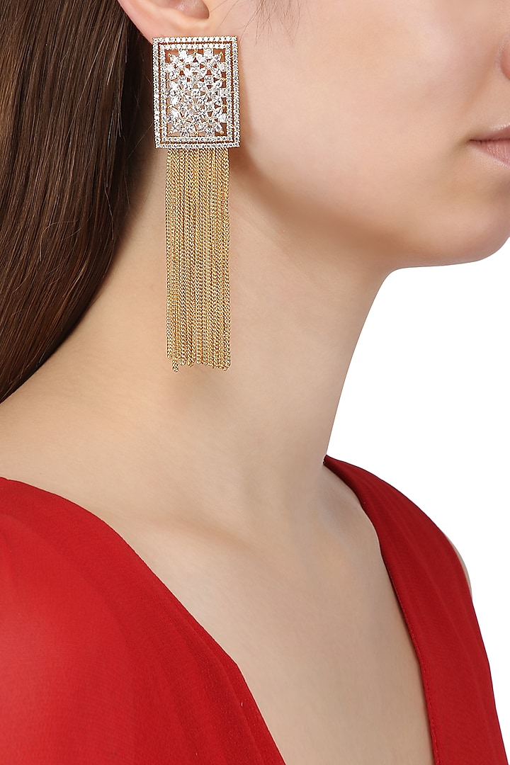 Gold Plated Rectangular Shaped American Diamond Earrings by Auraa Trends