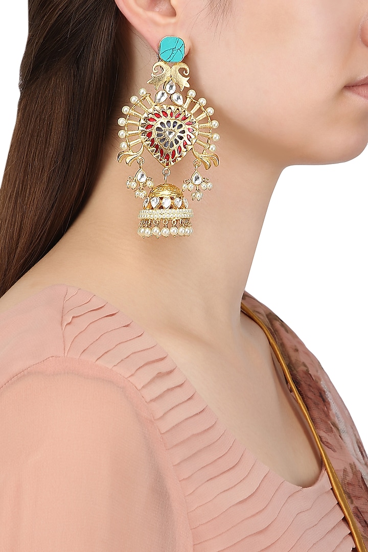 Gold Plated Droplet Shapped Earrings Set In Alloy Studded with American Diamonds by Auraa Trends