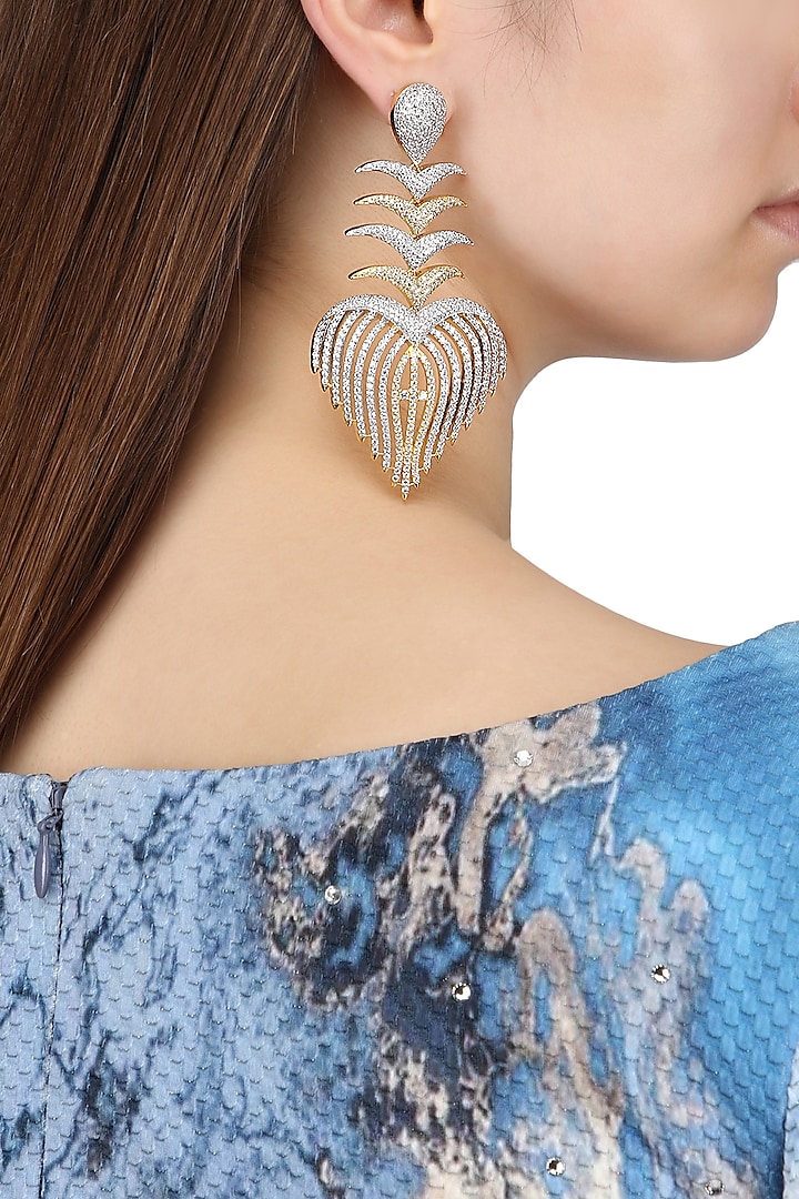 Gold Plated Heart Shapped Earrings Set In Alloy Studded with American Diamonds by Auraa Trends