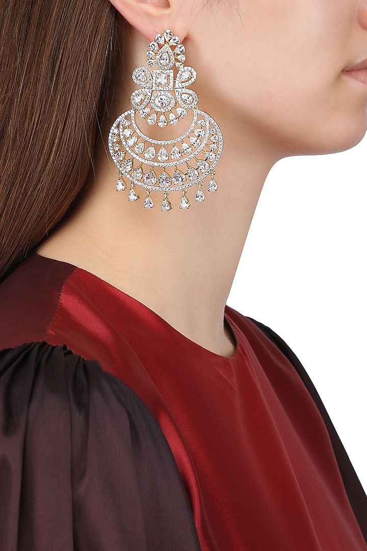 Gold Plated Pear Shapped Earrings Set In Alloy Studded with American Diamonds by Auraa Trends
