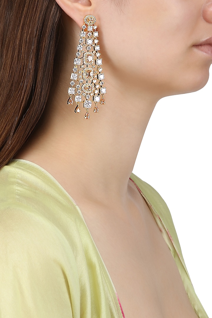 Gold Plated Square Shapped Earrings Set In Alloy Studded with American Diamonds by Auraa Trends