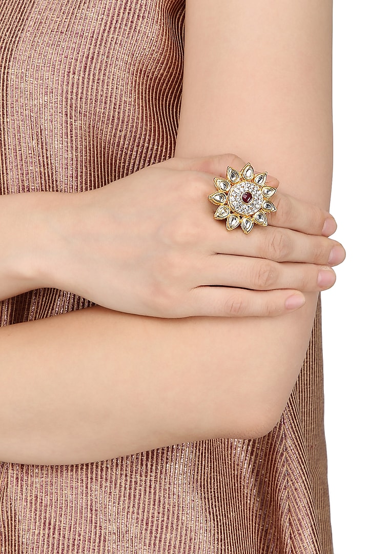 Gold Plated Ring In Alloy Studded Kundan with American Diamonds by Auraa Trends