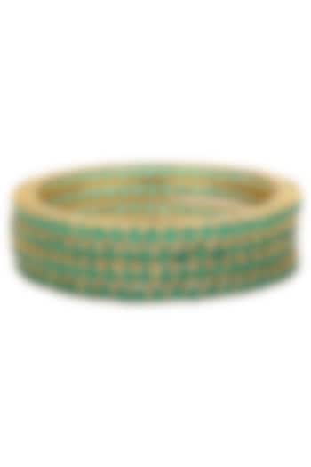 A Pair Of Gold Plated Round Bangle In Alloy Studded with Emerald Rectangular American Diamonds by Auraa Trends