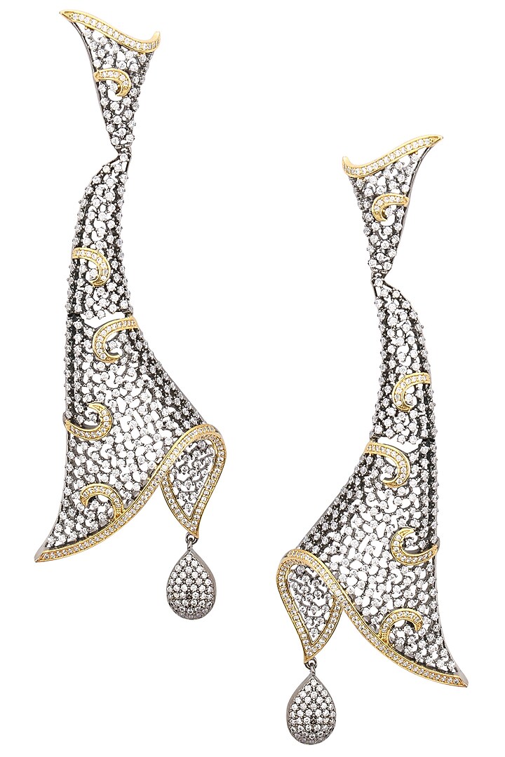 Rhodium plated oxidized american diamond abstract earrings available only at Pernia's Pop Up Shop.