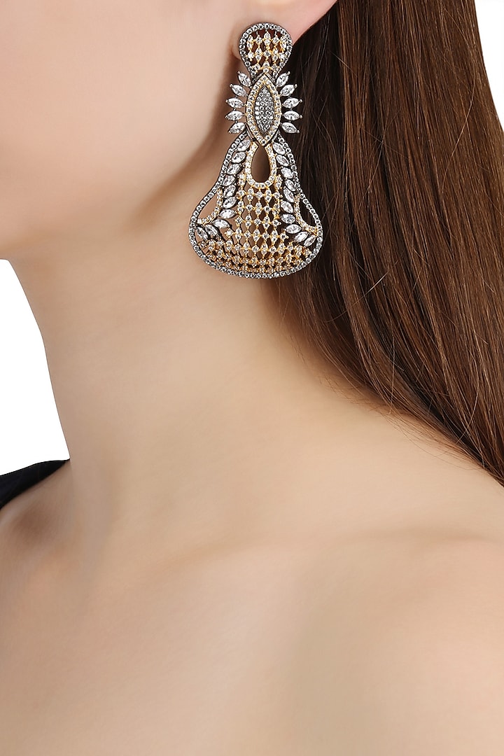 Rhodium Plated Oxidized American Diamond Pear Shaped Earrings by Auraa Trends