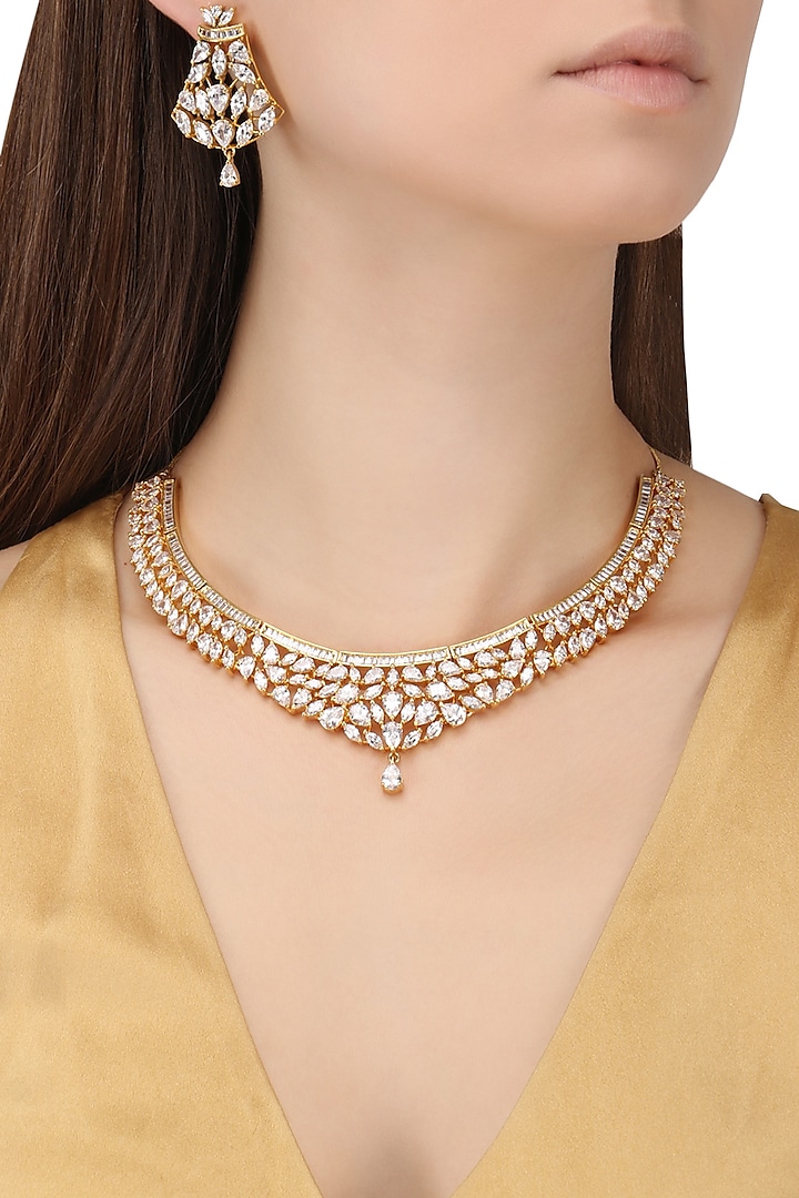 Rhodium Plated Oxidized American Diamond Necklace Set by Auraa Trends