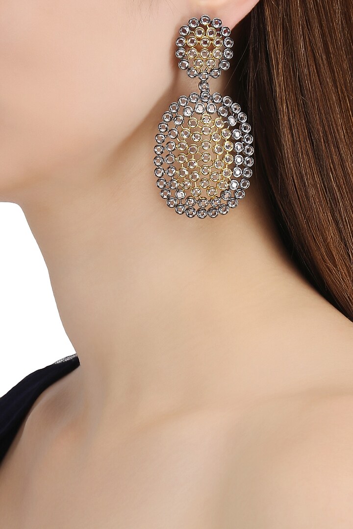 Rhodium plated two drop oxidized amercian diamond earrings available only at Pernia's Pop Up Shop.
