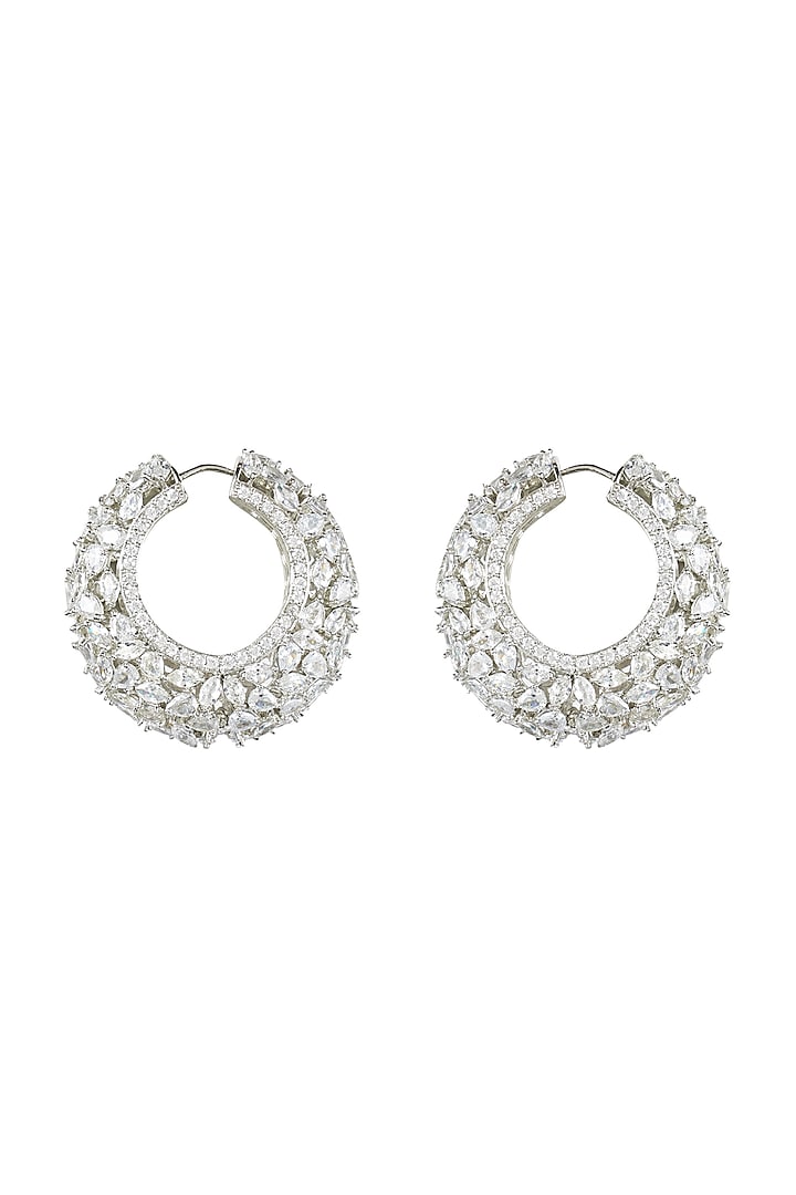 White Finish Diamante Hoop Earrings by Auraa Trends