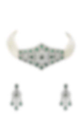 White Finish Green Onyx Necklace Set by Auraa Trends