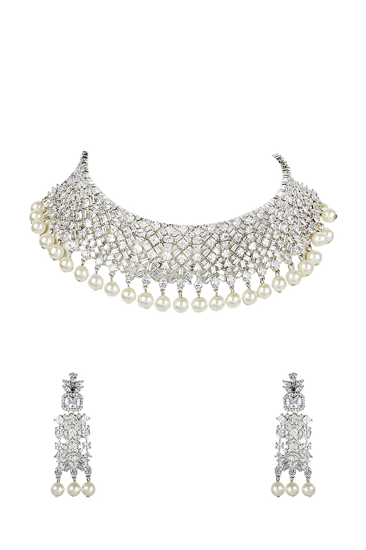 White Finish Diamante Necklace Set by Auraa Trends