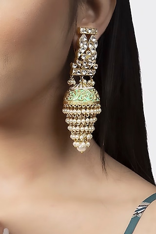 Gold Plated Kundan Polki Jhumka Earrings by Aura Trends